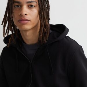 H&M Men Black Solid Relaxed Fit Zip-Through Hoodie